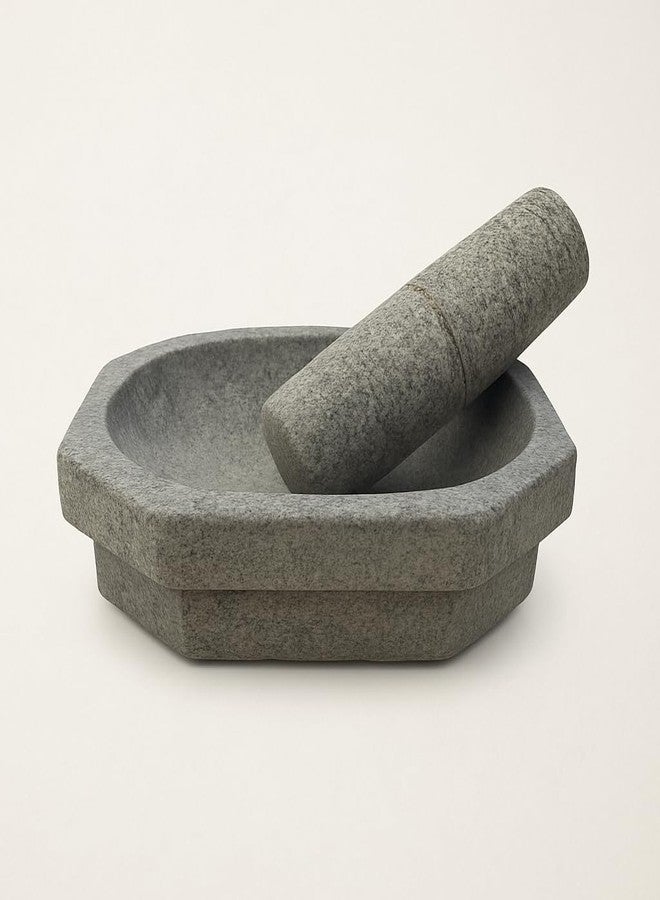 EZAHK Kalvam Stoneware Mortar and Pestle Set,Masher, Khalbatta, Kharal, Musal,for Kitchen, Home, Herbs and Spices (8 inch Grey) - Image 1